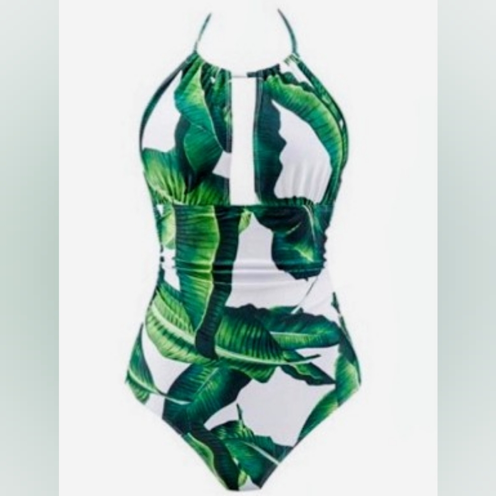 Tropical Green Leaf Print One Piece Swimsuit
